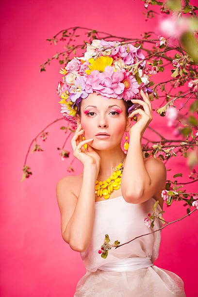 Fresh skin Girl with Spring Flowers on her head