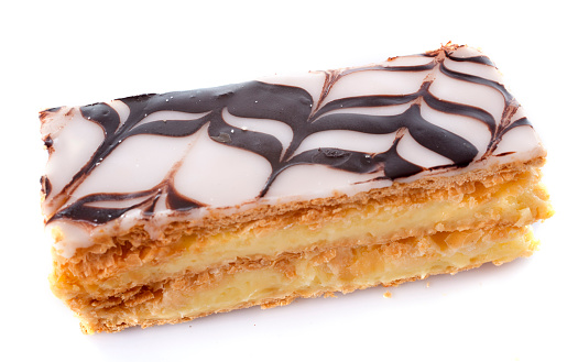 Mille Feuille or Napolean pastry in front of white background