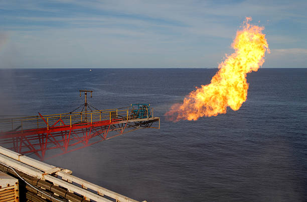 플레어 있는 해양수 엔진오일 삭구를 장비하다. - oil rig sea remote oil industry 뉴스 사진 이미지