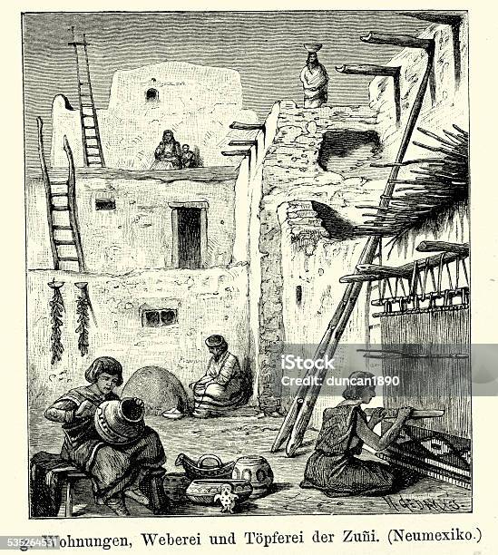 19th Century North America Zuni Native American Stock Illustration - Download Image Now - Engraved Image, New Mexico, Pueblo - Built Structure
