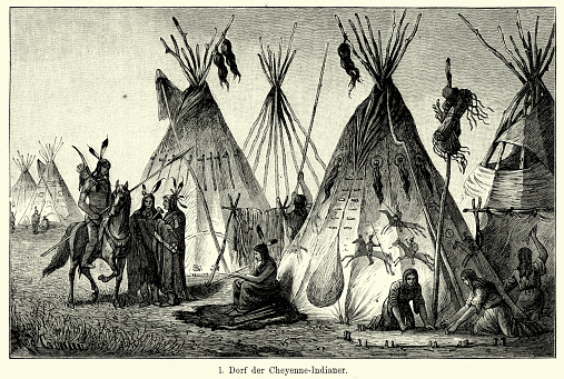 Vintage engraving of Village of Cheyenne Indians. The Cheyenne are one of the groups of indigenous people of the Great Plains and their language is of the Algonquian language family. Ferdinand Hirts Geographische Bildertafeln,1886.