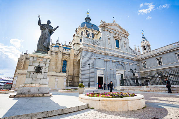 Pope John Paul II statue, Cathedral Almudena in Madrid stock photo
