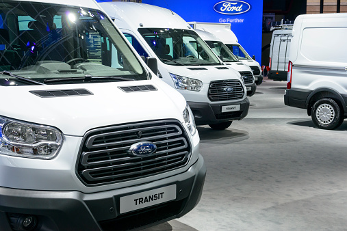 Brussels, Belgium - January 15, 2015: Different versions of the Ford Transit light commercial vehicles. on display during the 2015 Brussels motor show. 
