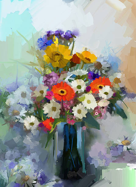 ваза с натюрморт букет цветов. масляная живопись - chamomile plant glass nature flower stock illustrations