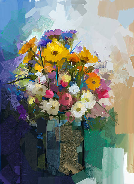 ilustraciones, imágenes clip art, dibujos animados e iconos de stock de jarrón con vida de un ramo de flores. cuadro al óleo - chamomile plant glass nature flower