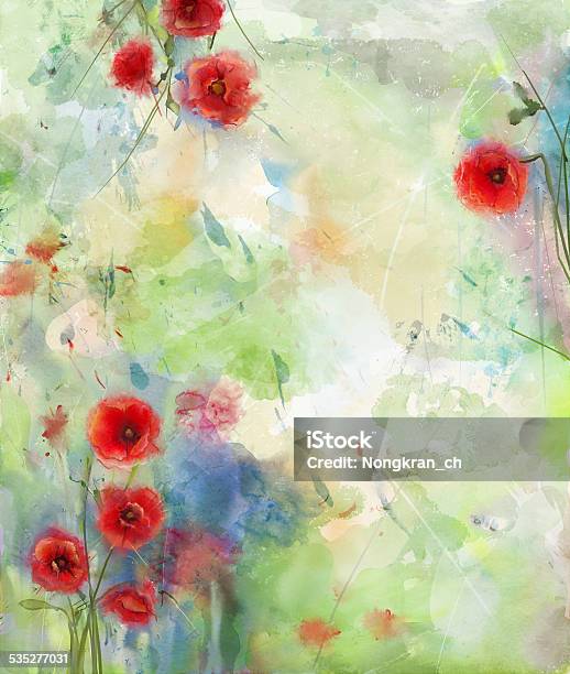 Red Poppy Flower With Scenic Watercolor Background Stock Illustration - Download Image Now - Poppy - Plant, Transparent, 2015