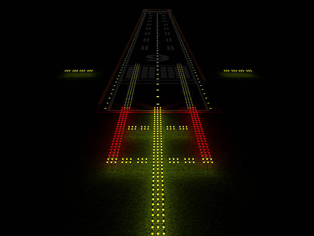 Modern Airport Runway at Night with Colorful Illuminated Lamps