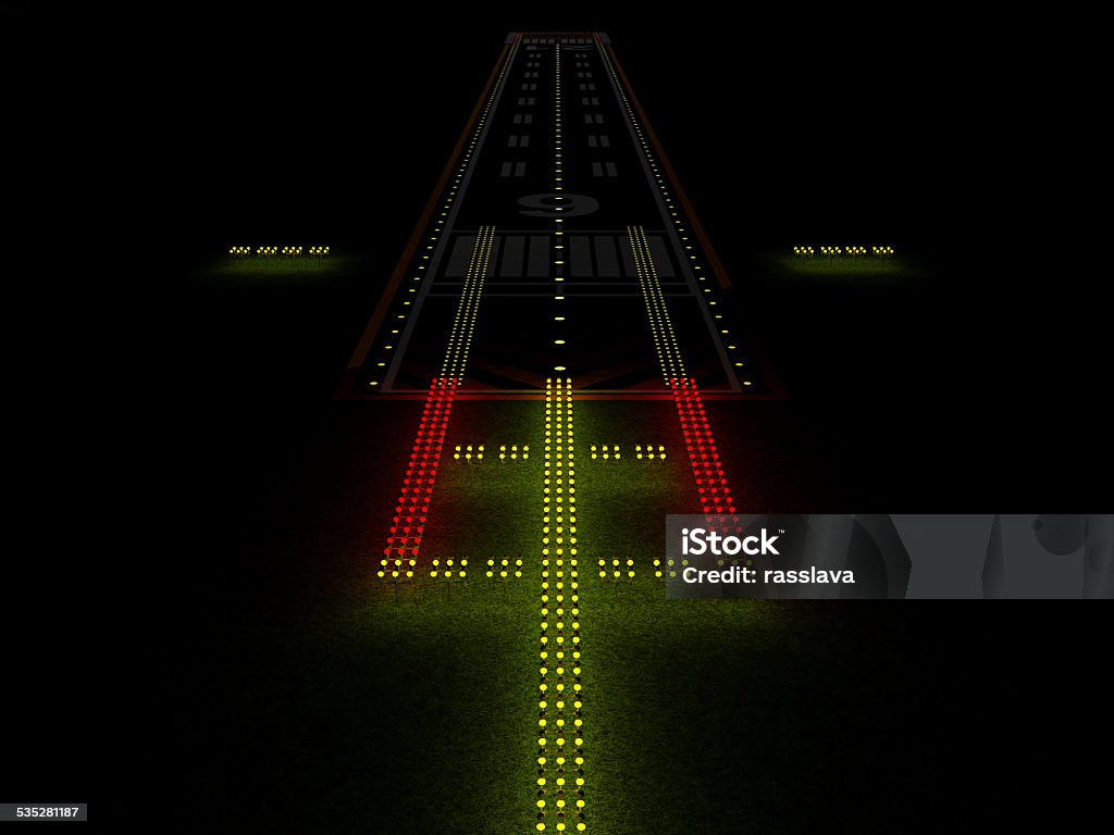 Modern Airport Runway at Night with Colorful Illuminated Lamps Airport Runway Stock Photo