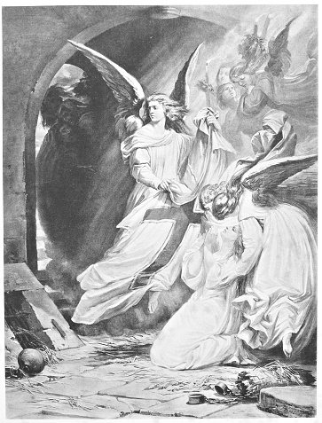 Classic illustration depicting Gretchen is saved by angels, drawn by August von Kreling in Wolfgang von Goethe's 