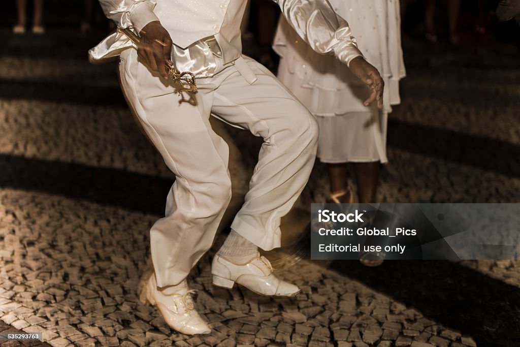 Brazil Carnival 2015 Florianópolis, Santa Catarina, Brazil - January 21, 2015:A couple of samba dancers called "Mestre Sala e Porta Bandeira", members of a local samba school called Consulado do Samba, during a short presentation in the City Center of Florianópolis 2015 Stock Photo