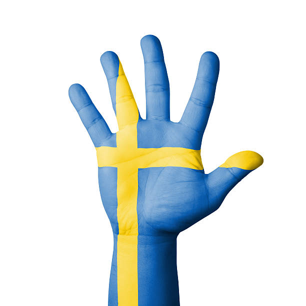 Open hand raised, Sweden flag painted