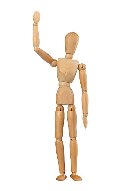 dummy homme en agitant bonjour - wood mannequin men standing photos et images de collection