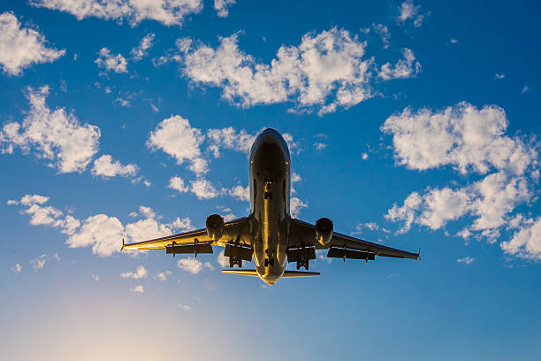 istock Airplane  landing at sunset 535299071