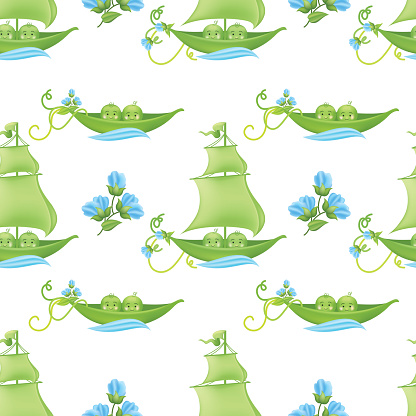 Two Peas In A Pod Baby Seamless Pattern With Blue Flowers