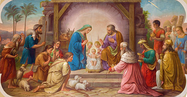 stockillustraties, clipart, cartoons en iconen met vienna - fresco of nativity scene in erloserkirche church. - kerststal