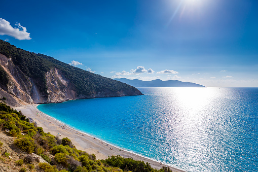 Scenic view of Myrtos beach, the most famous beach on the Greek island of Kefalonia.