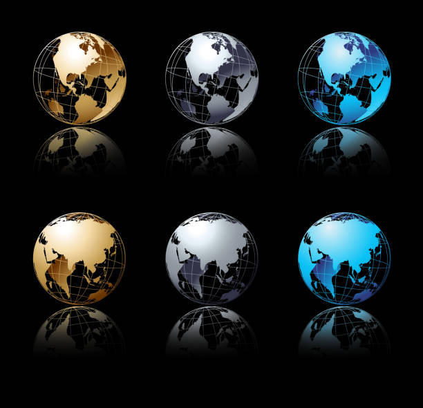набор серебряный, золотой и синий земной шар на черном фоне - planet sphere globe usa stock illustrations
