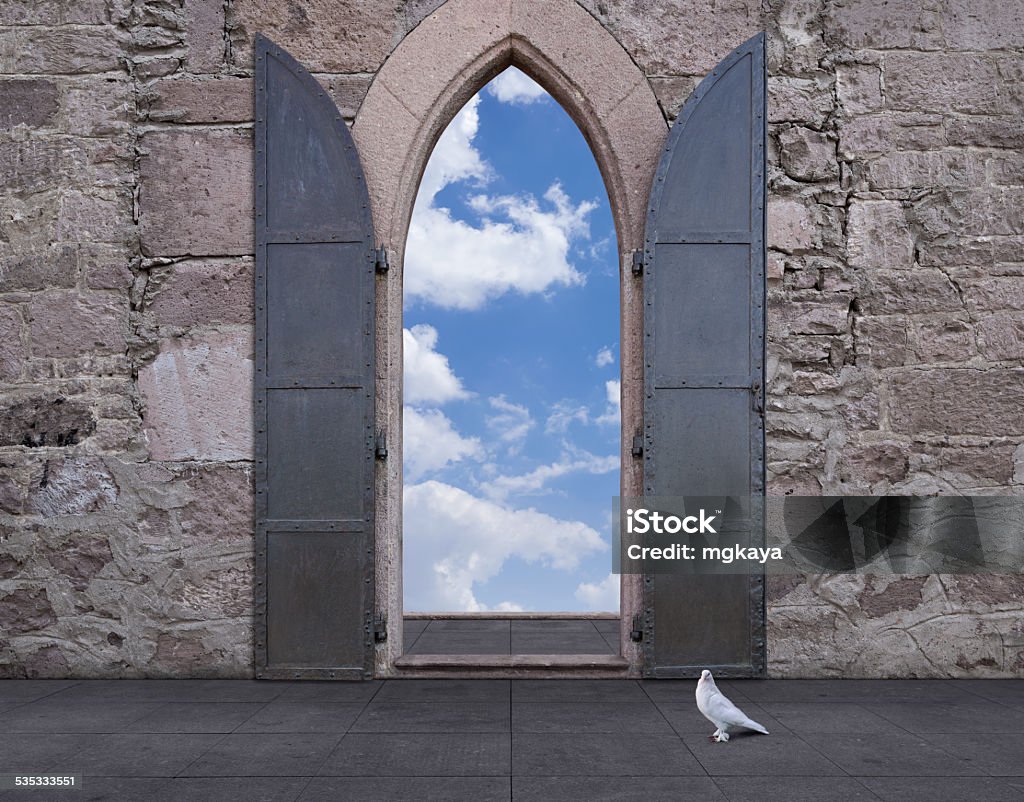 Castle Door Ancient open door (or window) against a stone wall with a view of sky and clouds. White pigeon on the floor. Digitally generated image. Castle Stock Photo