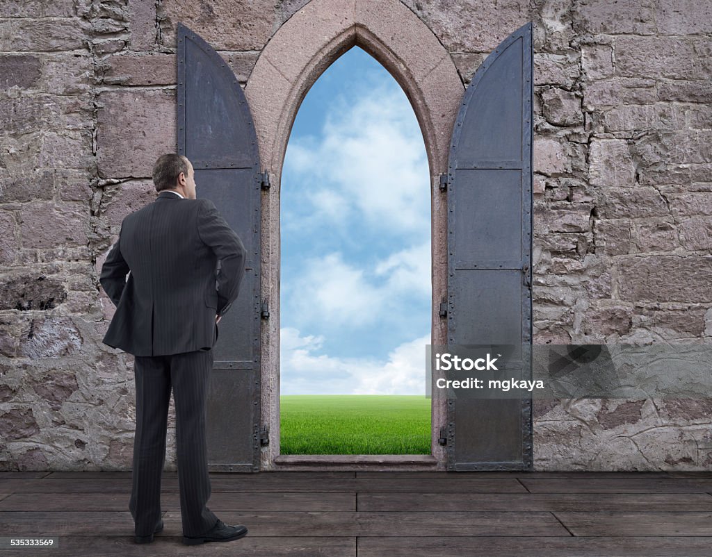 Businessman and Ancient Door Rear view of businessman standing and looking on the on wooden floor. Ancient open door against a stone wall with a view of sky, clouds and green field landscape. He is looking further, thinking, searching new ideas and way to exit. Digitally generated image. Door Stock Photo