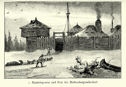 Vintage engraving of a Trading post and fort of the Hudson Bay Company. The company was incorporated by English royal charter in 1670 as The Governor and Company of Adventurers of England trading into Hudson's Bay and functioned as the de facto government in parts of North America before European states and later the United States laid claim to some of those territories. It was at one time the largest landowner in the world, with the area of the Hudson Bay watershed, known as Rupert's Land, having 15% of North American acreage. Ferdinand Hirts Geographische Bildertafeln,1886.