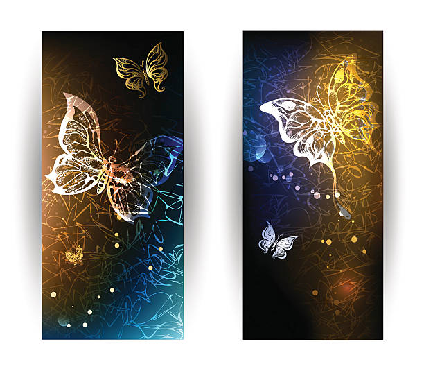 ilustrações, clipart, desenhos animados e ícones de dois banners com brilhantes borboletas - web winged flash