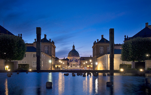 Amalienborg Palace and Marmorkirken at night, Copenhagen.