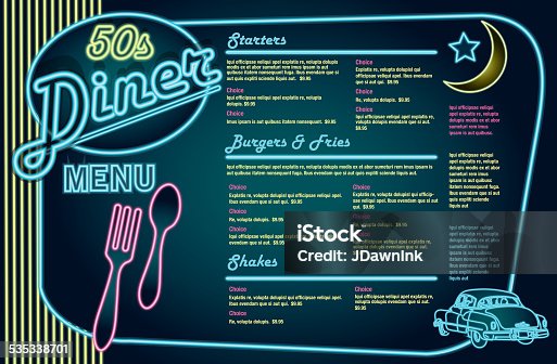istock Late night retro 50s Diner neon menu layout horizontal 535338701