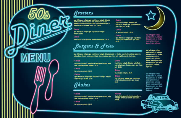 Late night retro 50s Diner neon menu layout horizontal Retro 50s style diner menu. Blue background with moon and star and vintage car. Vector illustration.suitable for restaurant menus, signage on windows or doors . Food and drink, diner, retro. Fork and spoon, old fashioned,50s,booth, style, diner, entertainment, stools, eat, music, vinyl records, eclectic, dine in, greasy spoon, late night, drive in, family fun. 24 hours neon sign stock illustrations