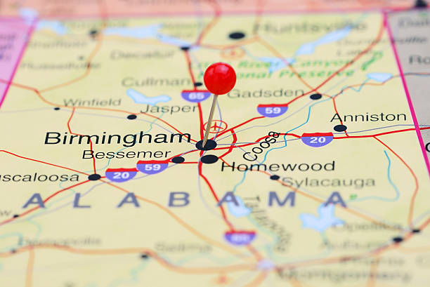 Birmingham pinned on a map of USA Photo of pinned Birmingham on a map of USA. May be used as illustration for travelling theme. experiential travel stock pictures, royalty-free photos & images