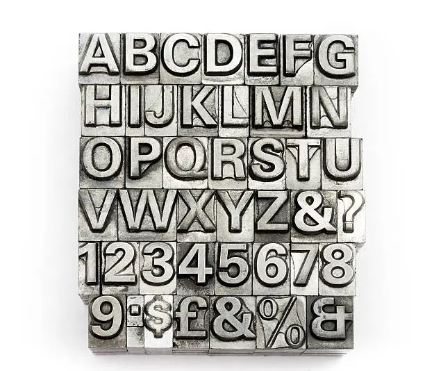 vintage letterpress alphabet setting & lighting in studio.