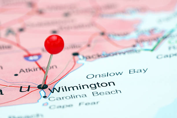 Wilmington pinned on a map of USA Photo of pinned Wilmington on a map of USA. May be used as illustration for travelling theme. wilmington north carolina stock pictures, royalty-free photos & images