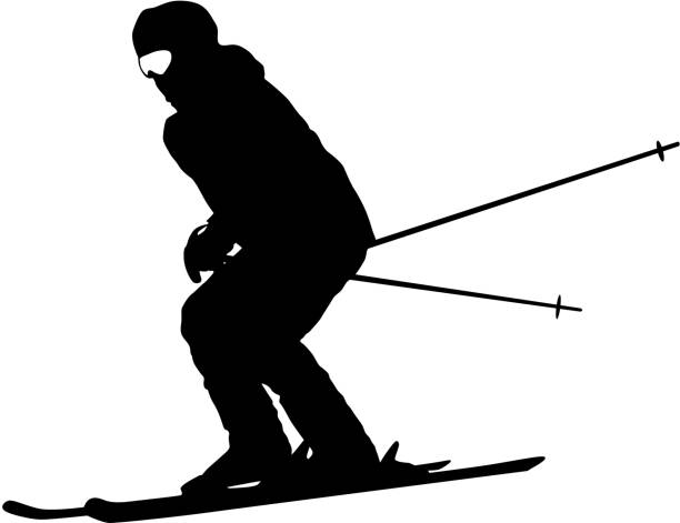 illustrazioni stock, clip art, cartoni animati e icone di tendenza di sciatore di montagna in accelerazione giù per pendenza. - sciatore velocità