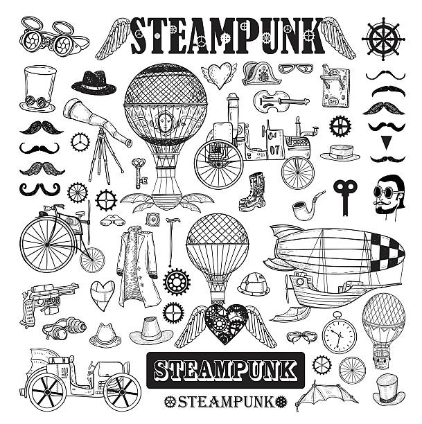 illustrazioni stock, clip art, cartoni animati e icone di tendenza di steampunk collection, mano disegnata illustrazione vettoriale. - inventor