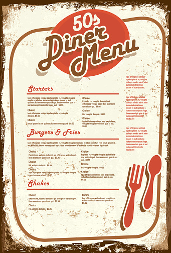 Retro 50s style diner menu.  Aged paper background.  Vector illustration.suitable for restaurant menus, signage on windows or doors . Food and drink, diner, retro. Fork and spoon, old fashioned,50s,booth, style,  diner, entertainment, stools, eat, music, vinyl records, classic style, eclectic, dine in, greasy spoon, late night, drive in, family fun. 