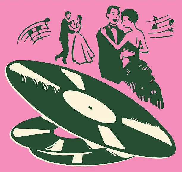 Vector illustration of Men and Women Dancing to Records