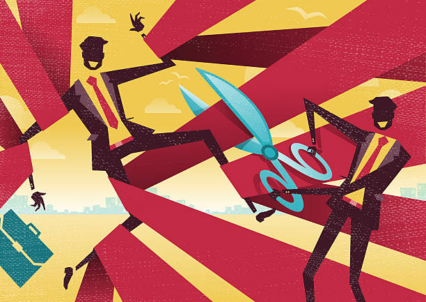 Businessman is cut free from Bureaucratic Red Tape. Great illustration of Retro styled Abstract Businessman using Scissors to free his buddy from bureaucratic red tape. bureaucracy stock illustrations