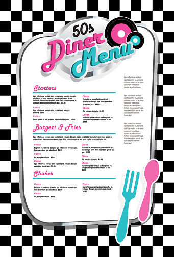 Retro 50s style diner menu. Vibrant colors. Black and white checkered background.  Vector illustration.suitable for restaurant menus, signage on windows or doors . Food and drink, diner, retro. Fork and spoon, old fashioned,50s,booth, style,  music, dancing, diner, entertainment, stools, eat, music, vinyl records, eclectic, dine in, greasy spoon, late night, drive in, family fun. 