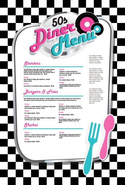 Late night retro 50s Diner  menu black and white check Retro 50s style diner menu. Vibrant colors. Black and white checkered background.  Vector illustration.suitable for restaurant menus, signage on windows or doors . Food and drink, diner, retro. Fork and spoon, old fashioned,50s,booth, style,  music, dancing, diner, entertainment, stools, eat, music, vinyl records, eclectic, dine in, greasy spoon, late night, drive in, family fun.  1950s diner stock illustrations