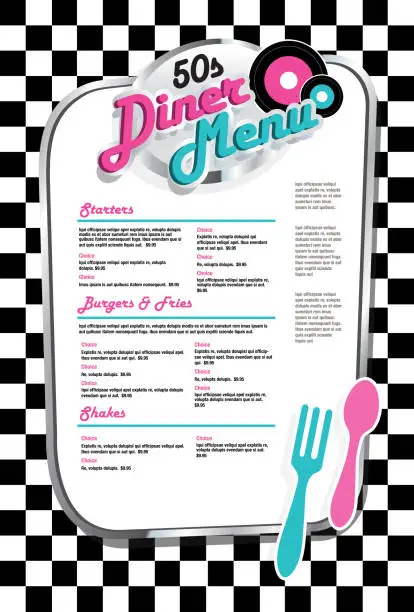 Vector illustration of Late night retro 50s Diner  menu black and white check