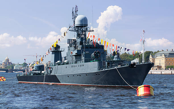 istock Military ship on Neva river, St. Petersburg 535353757