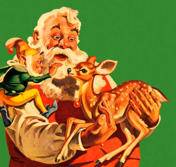 ilustraciones, imágenes clip art, dibujos animados e iconos de stock de santa claus holding a cervato - green background color image people animal