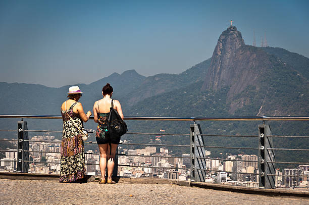 Rio de Janeiro, Brazil - January 18, 2015: Two women watching the skyline of Rio de Janeiro from the lookout point on the Sugarloaf Mountain. Corcovado and Sugarloaf are main attractions of the city.