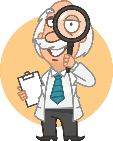 Illustration, professor looking through magnifying glass, format EPS 8