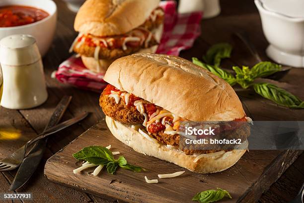 Hearty Homemade Chicken Parmesan Sandwich Stock Photo - Download Image Now - Chicken - Bird, Chicken Meat, Sandwich