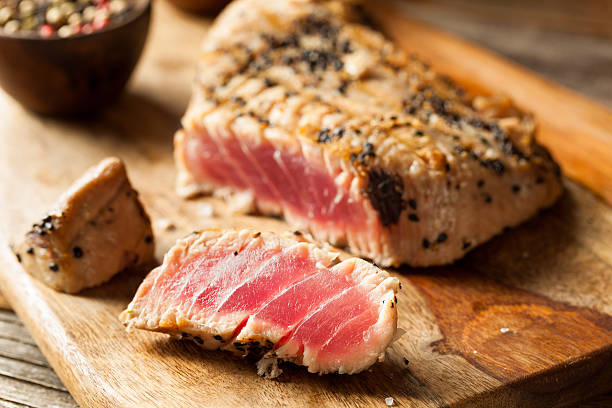 homemade grilled sesame tuna steak - prepared fish seafood barbecue grilled imagens e fotografias de stock
