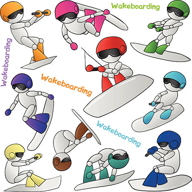 illustrazioni stock, clip art, cartoni animati e icone di tendenza di wakeboarder - life jacket little boys lake jumping