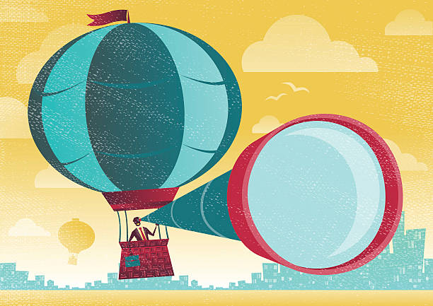 biznesmen ma wspaniały widok z gorącym powietrzem balon. - spy balloon stock illustrations