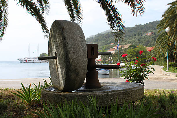 Old millstone placed in the gardens adjacent to the boardwalk of the Sipan Island harbor. Set amongst a row of red roses with a water and mountain backdrop.