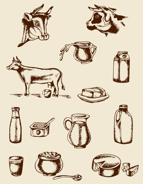 vintage produkty mleczne i krowiej - surowe mleko stock illustrations