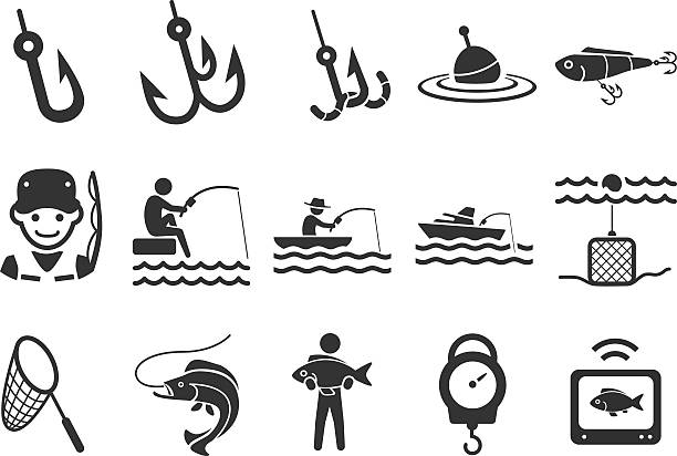 ilustrações de stock, clip art, desenhos animados e ícones de ilustração vetorial de stock: ícones de pesca - sporting fisherman fishing recreational pursuit